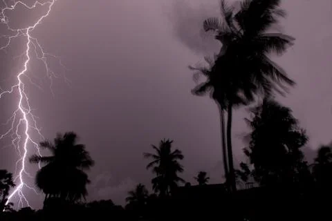 Thunder lightning storm in the raining night background over a house and palm Stock Photos