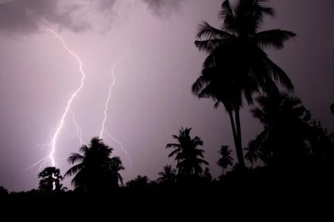Thunder lightning storm in the raining night background over a house and palm Stock Photos