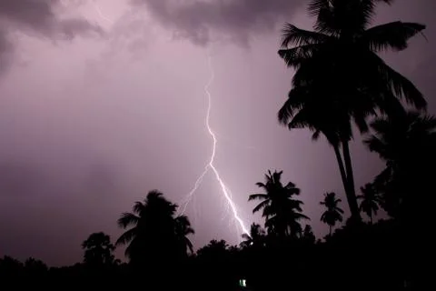 Thunder lightning storm in the raining night background over a house and palm Stock Photos