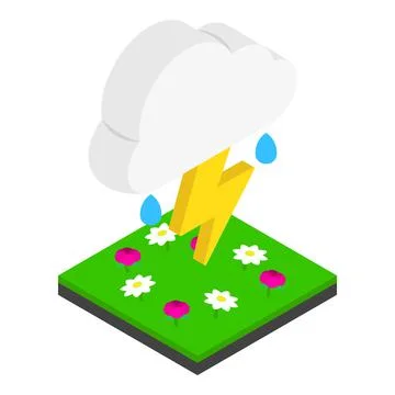 Thunder meadow icon isometric vector. Thundercloud over green meadow with flower Ilustração Stock