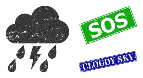 Thunder Storm Cloud Distress Icon and Distress Sos Stamp Stock Illustration