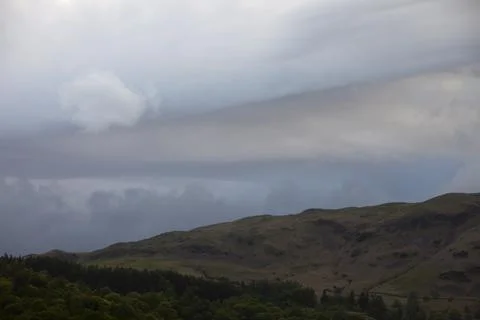 Thunder storm clouds over the Lake District mountains, Cumbria, UK 스톡 사진