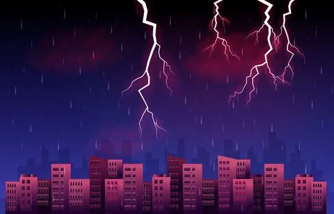Thunder Storm Lightning Rainy Night City Building Skyline Cityscape Illustrat Stock Illustration