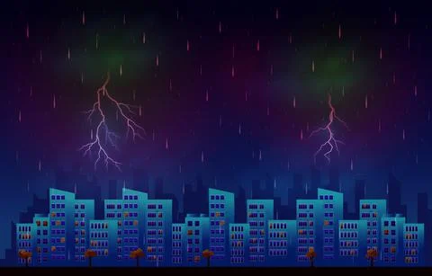 Thunder Storm Lightning Rainy Night City Building Skyline Cityscape Illustrat Ilustração Stock