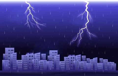 Thunder Storm Lightning Rainy Night City Building Skyline Cityscape Illustrat Ilustración de archivo