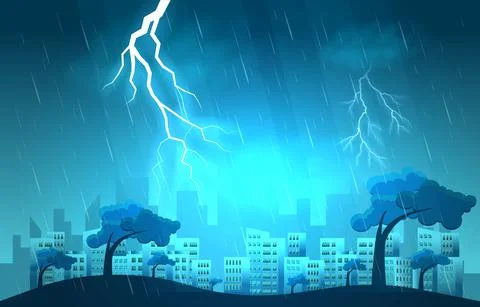 Thunder Storm Lightning Strike Heavy Rain City Building Skyline Cityscape Ill Stock-Illustration