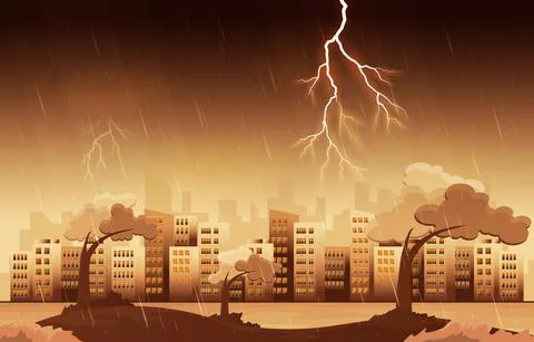 Thunder Storm Lightning Strike Heavy Rain City Building Skyline Cityscape Ill Stock-Illustration