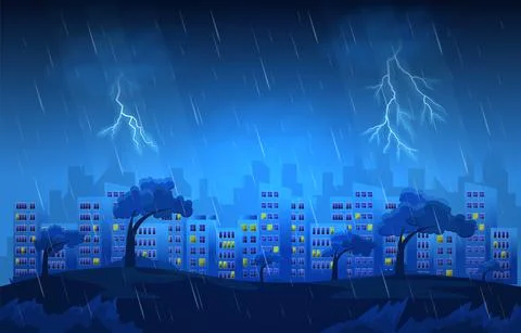 Thunder Storm Lightning Strike Heavy Rain City Building Skyline Cityscape Ill Stock-Illustration