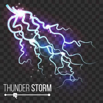 Thunder Storm Vector. Lightning Thunderbolt Isolated On Transparent Background Stock Illustration