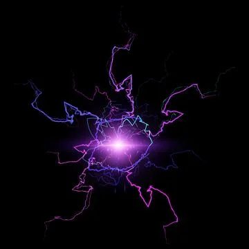 Thunderbolt blast storm, purple fireball lightning effect on black, glow energy Stock Illustration