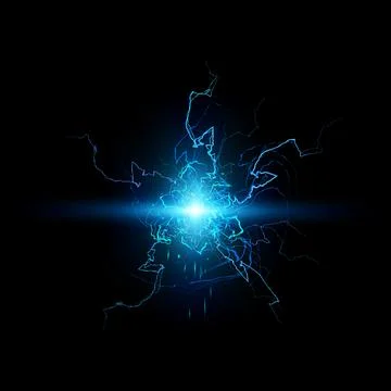 Thunderbolt blue fireball lightning effect on black, glowing energy ball, magic Stock Illustration