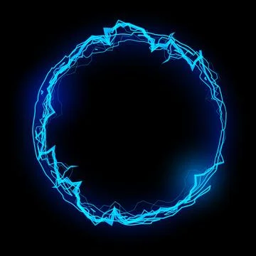 Thunderbolt blue lightning effect round frame vector on black, bolt voltage 스톡 일러스트