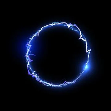 Thunderbolt blue lightning round effect on black background, bolt voltage circle Stock Illustration