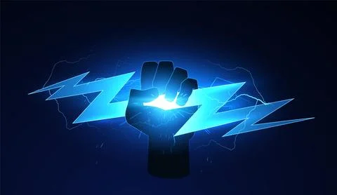 Thunderbolt blue lightning shining effect in hand fist glowing on dark, vector Illustrazione stock