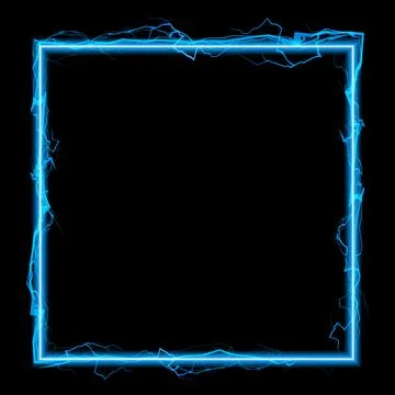 Thunderbolt blue lightning spark effect vector square frame on black, bolt Stock Illustration