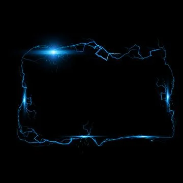 Thunderbolt blue lightning spark rectangle effect on black, bolt voltage border Stock Illustration