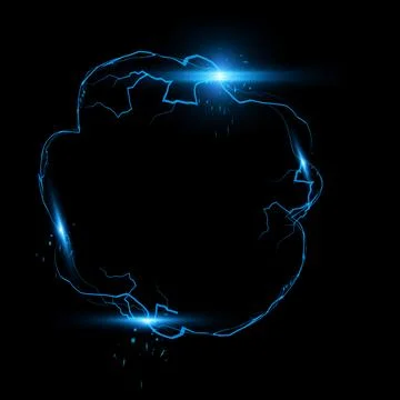 Thunderbolt blue lightning spark round effect on black, bolt voltage border Stockillustratie