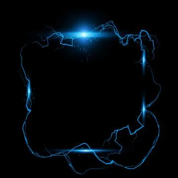 Thunderbolt blue lightning spark square effect on black, bolt voltage border Stock Illustration