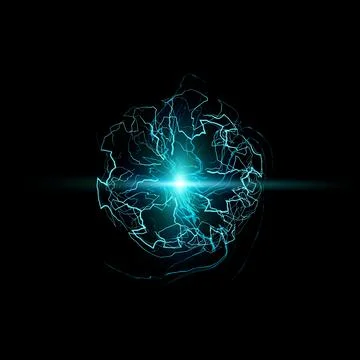 Thunderbolt blue sphere lightning spark effect on black, glowing energy fireball Illustrazione stock