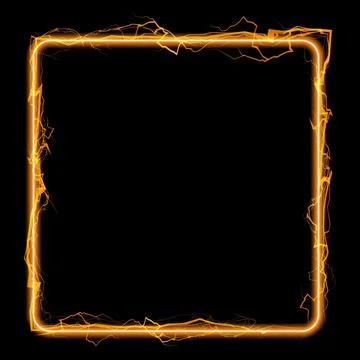 Thunderbolt orange lightning spark effect vector square frame on black, bolt Stock Illustration
