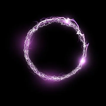 Thunderbolt pink lightning effect round frame vector on black, bolt voltage 스톡 일러스트