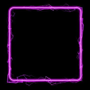 Thunderbolt purple lightning spark effect vector square frame on black, bolt Stock Illustration