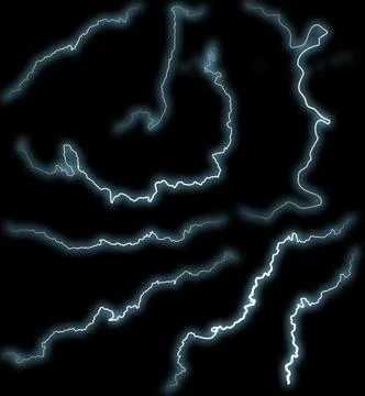Thunderbolts. Different lightning discharges for design. A collage of lightni Stock Photos