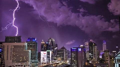 Thunders over City Skyline at Night Stock Footage 98499078