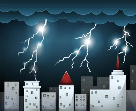 Thunderstorm and dark clouds over city Ilustração Stock