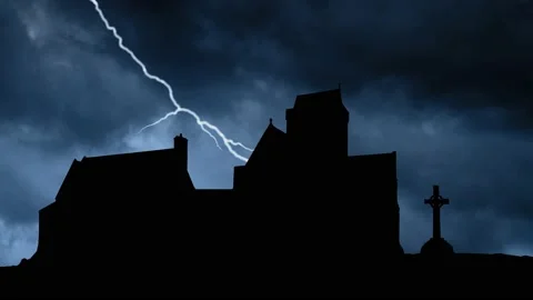 Thunderstorm and Lightning Flash over Iona abbey and Saint Johns Cross, Scotland Stock Footage