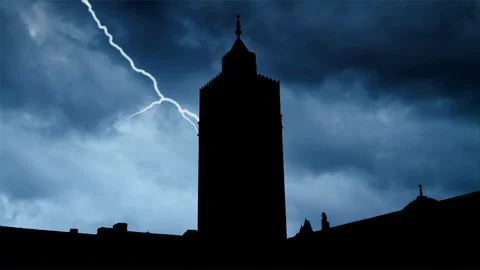 Thunderstorm and Lightning  Flash over Mosque Tower of Al-Zaytuna, Tunis Stock Footage 300389620