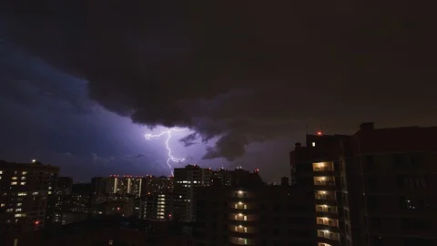 Thunderstorm and Lightning Strikes Over the city. Tinelapse Stock Footage 105097542
