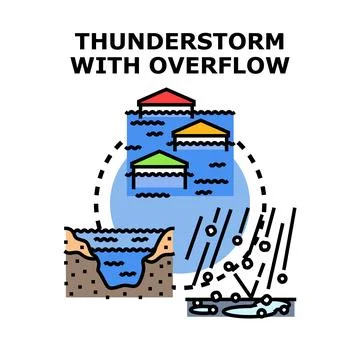 Thunderstorm causing overflow and urban flood disaster concept Stock Illustration