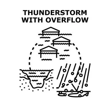Thunderstorm causing overflow and urban flood disaster concept Stock Illustration