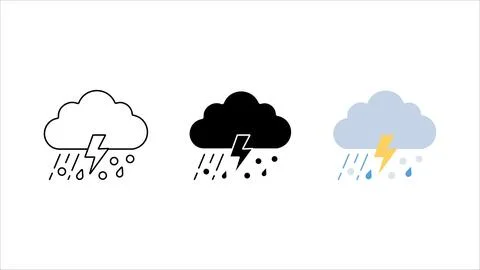 Thunderstorm cloud with rain and lightning icon set Stock Illustration