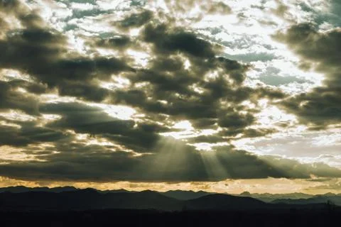 Thunderstorm clouds sun rays storm meteorological scene Stock Photos