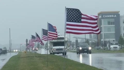 Thunderstorm - Downpour - Row of American Flags Stock Footage 200969079
