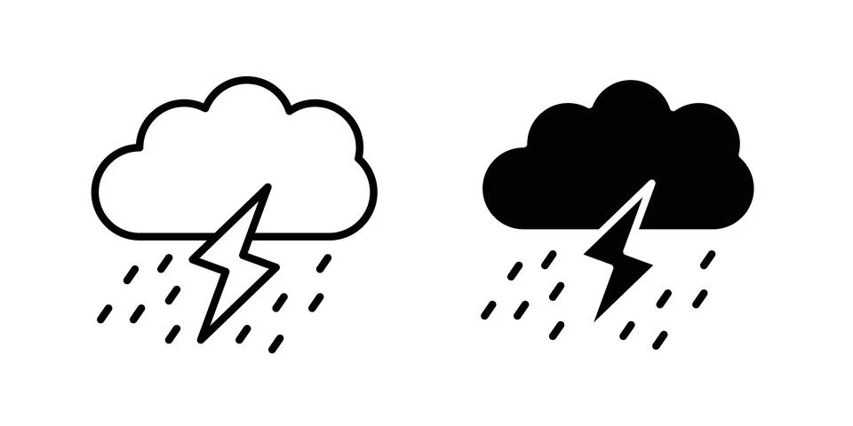 Thunderstorm icon solid, line, and editable vector set. Stock Illustration