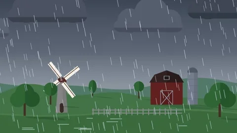 Thunderstorm with lightning and rain over a farm Stockbeeldmateriaal 348623604