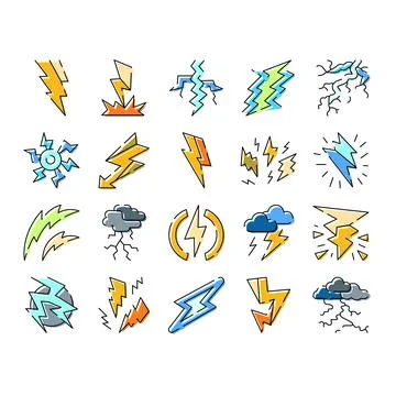 Thunderstorm lightning bolt electricity energy weather icons Stock Illustration