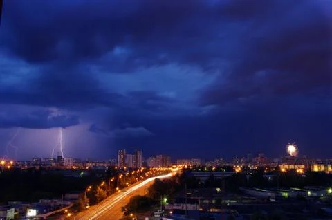 Thunderstorm with lightning in the city Stock Photos
