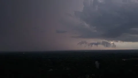 Thunderstorm with lightning strikes and heavy rain moving across the skyline. Video stock 336246570