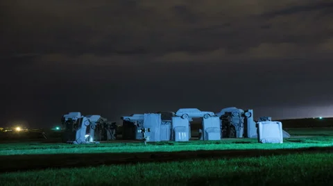 Thunderstorm Night Carhenge Monument to Stonehenge Stock Footage