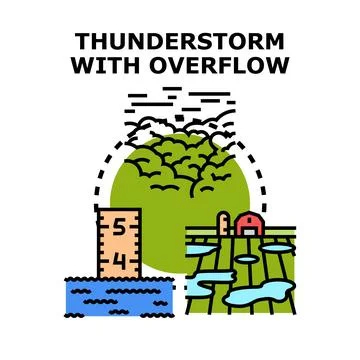 Thunderstorm with overflow causing widespread flooding in rural area Stock Illustration