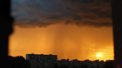 Thunderstorm with rain. Cloudy sky and heavy rain, view from window. Cinematic Stock Footage 253566659
