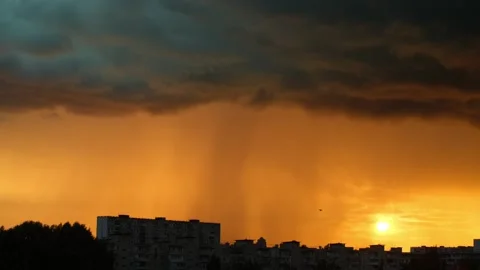 Thunderstorm with rain. Cloudy sky with heavy rain, dramatic stormy weather with Stock Footage 255606259