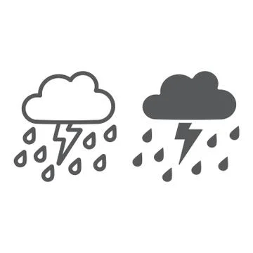 Thunderstorm with rain line and glyph icon, weather and forecast, thunder sign 스톡 일러스트