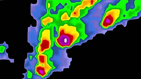 Thunderstorm with tornado warning on severe weather radar screen Stock Footage 153122987