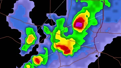 Thunderstorm with tornado warning on severe weather radar screen Видео 153123062