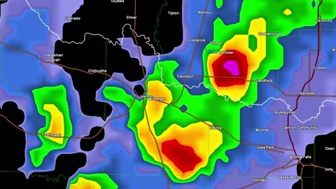 Thunderstorm with tornado warning on severe weather radar screen Stock Footage 153123125
